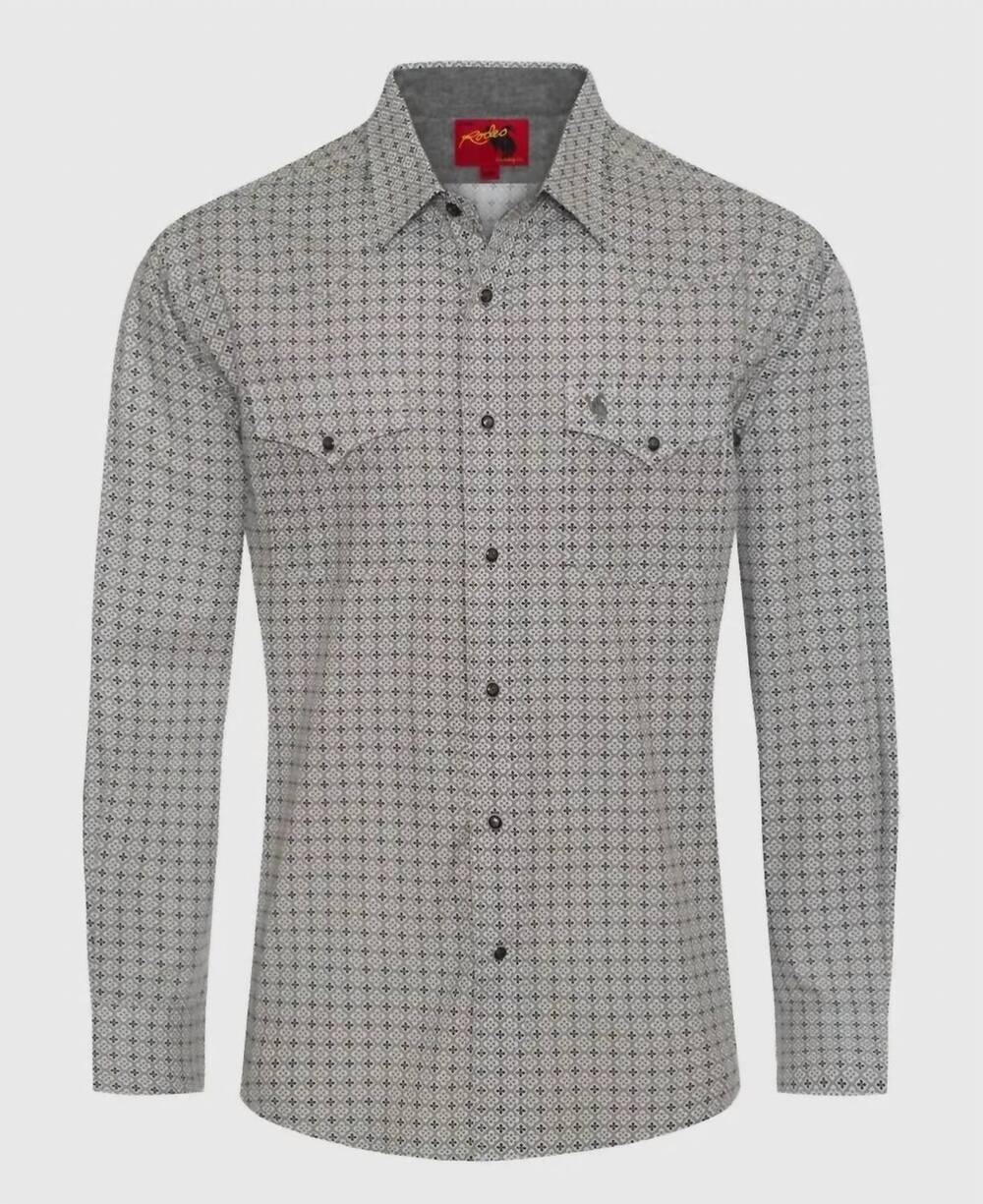 NEW RODEO CLOTHING men's pearl snap long sleeve shirt in tan/black